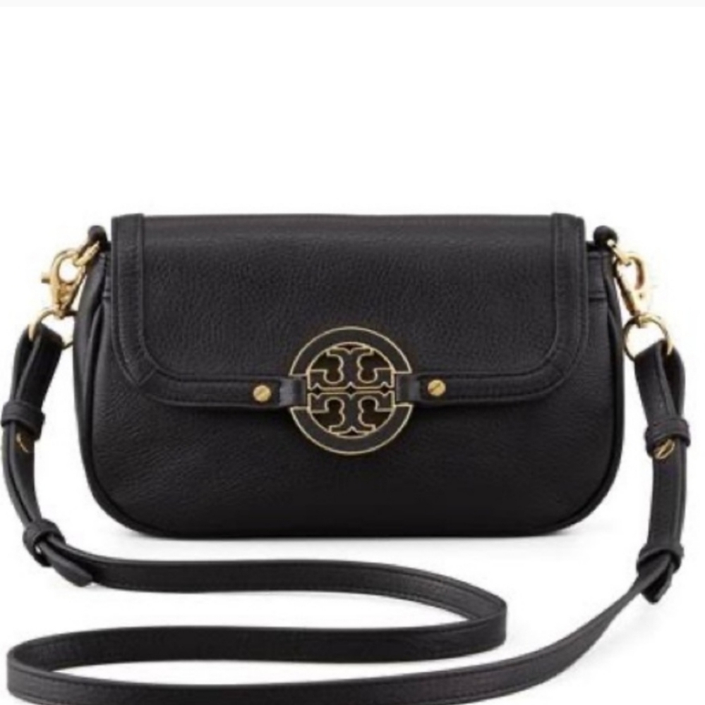 Tory Burch Black Leather Amanda Crossbody Bag and Clutch With Gold Hardw…